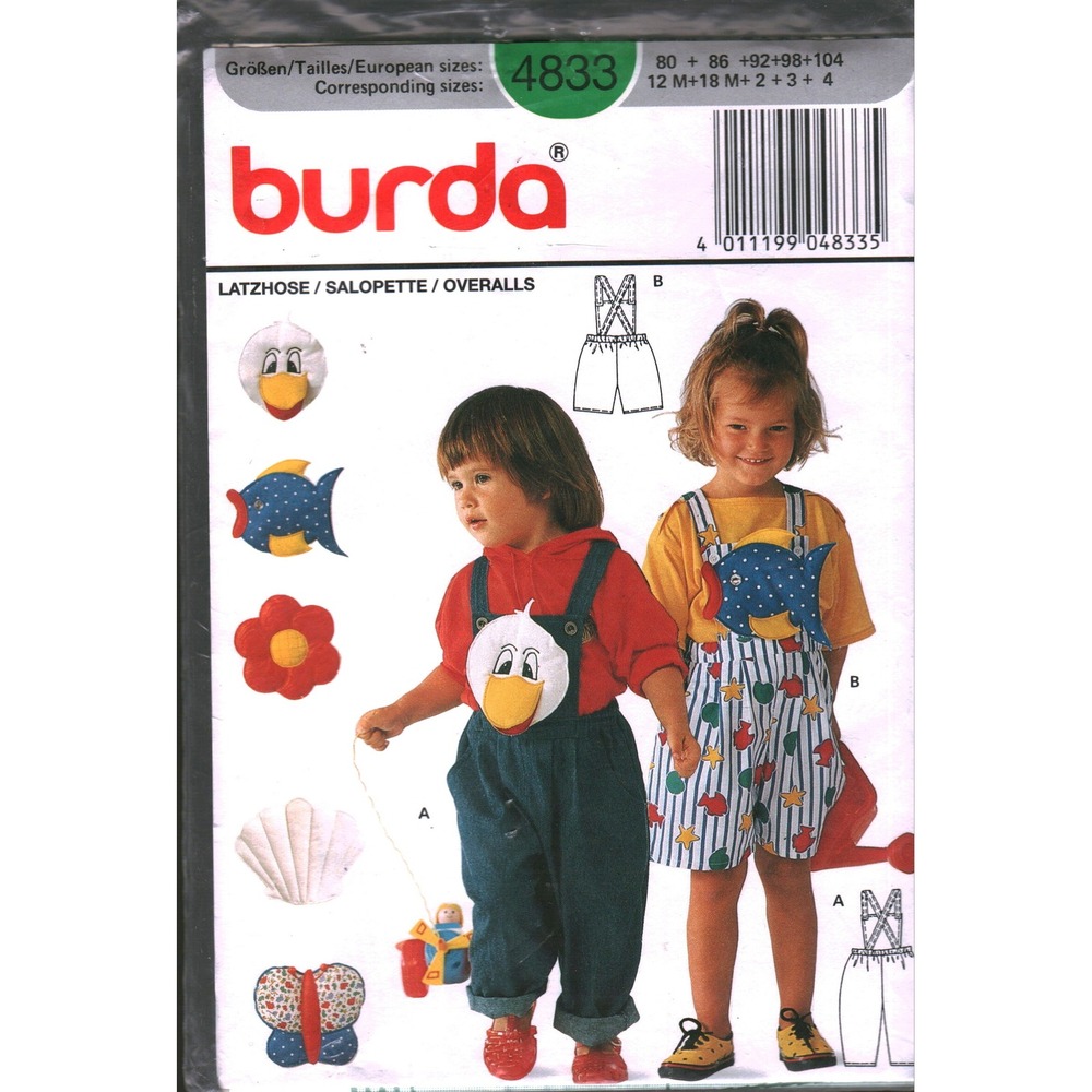 Burda 4833 Kids Overalls Salopette Sewing Pattern Sizes 80-104 12M-4T Applique